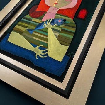 Gèr Huntjens – Woman with Blue Fish (1956) Tempera and oil., Personages en Fantasiefiguren, Ophalen of Verzenden, Ingelijst, Overige techniek