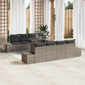 vidaXL Tuin Sofa Set 9 st Grijs Poly Rattan en Poedergecoat, Verzenden, Nieuw, Rotan, Meer dan 8 zitplaatsen