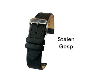 horlogebandje-echt leer-zacht-mat-zwart-stalen gesp, Sieraden, Tassen en Uiterlijk, Horloges | Dames, Verzenden, Nieuw, Leer