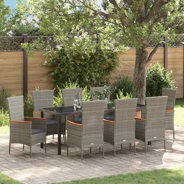 vidaXL Tuin eettafelset met kussen 9 pcs Grijs Gepoedercoat, Verzenden, Nieuw, Rotan, Meer dan 8 zitplaatsen