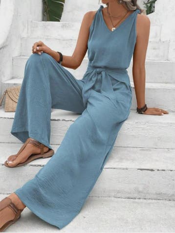Modieuze Dames Jumpsuit met Wijde Pijpen, V-hals en Strikcei, Kleding | Dames, Jumpsuits, Verzenden, Nieuw