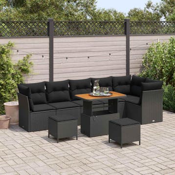 vidaXL Tuinbankenset 9 st Zwart poly rattan, Verzenden, Nieuw, Rotan, Meer dan 8 zitplaatsen