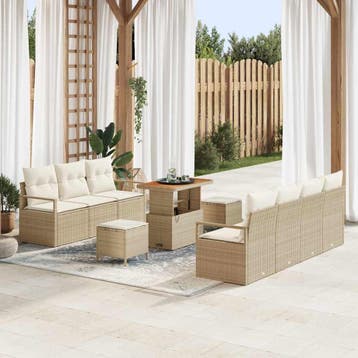 vidaXL Tuin Sofa Set met kussen met opslag 10 pcs Beige en, Verzenden, Nieuw, Rotan, Meer dan 8 zitplaatsen