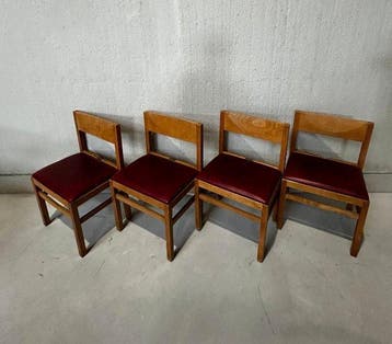 Stoel - hard hout, Synthetisch leder - Vier vintage stoelen