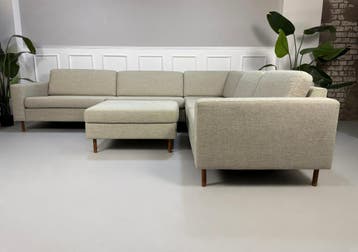 Bolia Scandinavia Bank + Poef Stof Beige Beige 6-Zits, Ophalen of Verzenden, Zo goed als nieuw, Rechte bank, Stof