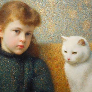 I_KONIQ - Redhead young girl and her cat in George Seurat