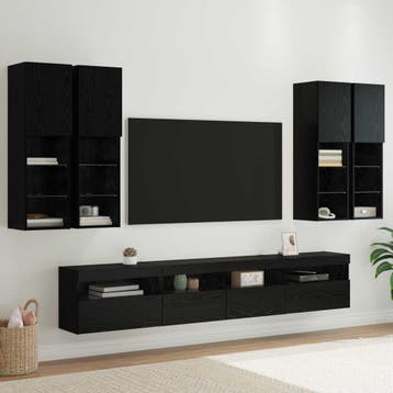 vidaXL TV Wandkast Set met LED Lichten 7 st Zwart Eiken, Minder dan 50 cm, Verzenden, Nieuw, Minder dan 100 cm