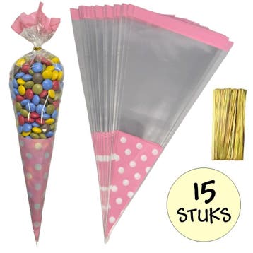 Fako Bijoux - 15x Cellofaan Puntzakken Roze Stippen 37x18cm, Diversen, Verzenden, Nieuw