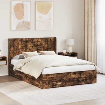 vidaXL Bedframe met opbergruimte en hoofdbord Gerookt eiken, Huis en Inrichting, Verzenden, Nieuw, Bruin, Hout