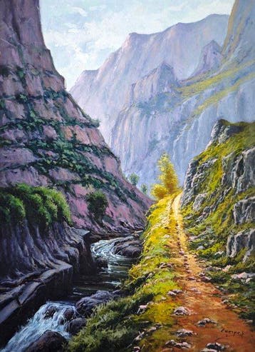 École paysagiste espagnole (XX) - Paysage de montagne, Antiek en Kunst, Kunst | Schilderijen | Klassiek