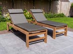 Teak ligbedden met kussens | Op voorraad | Snelle levering!, Tuin en Terras, Ligbedden, Nieuw, Teakhout, Verrijdbaar