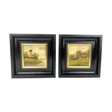 2 Olieverf schilderijtjes - Boerderij en Molen -, Ophalen of Verzenden