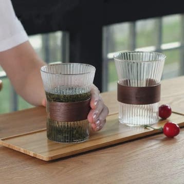 Japanse Stijl Glazen Koffiemok 350ML met Walnoothouten Sleev, Verzenden, Nieuw