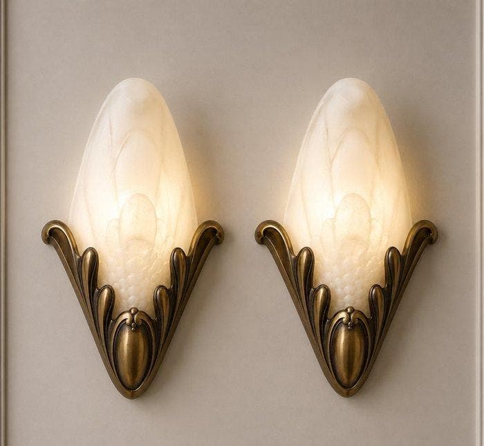Faguerlamp - Wandlamp (2) - Messing, Glas - Vintage, Antiek en Kunst, Curiosa en Brocante