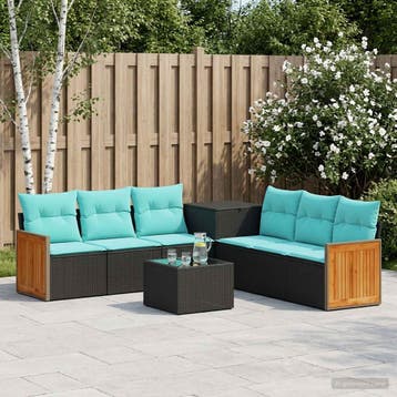 vidaXL Bankstel 8 st Zwart en Blauw Poly Rattan en Staal, Verzenden, Nieuw
