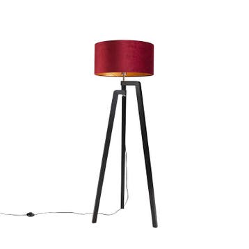 Vloerlamp tripod zwart met rode kap en goud 50 cm- Puros, Verzenden, Nieuw, Hout, Modern