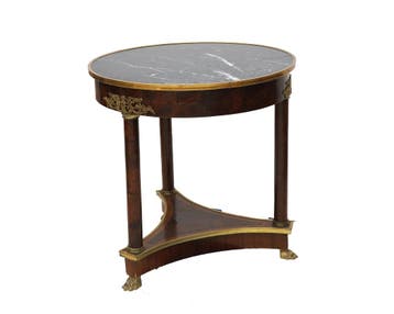 Ronde houten tafel op 3 metalen klauwpoten en marmeren blad, Huis en Inrichting, Gebruikt