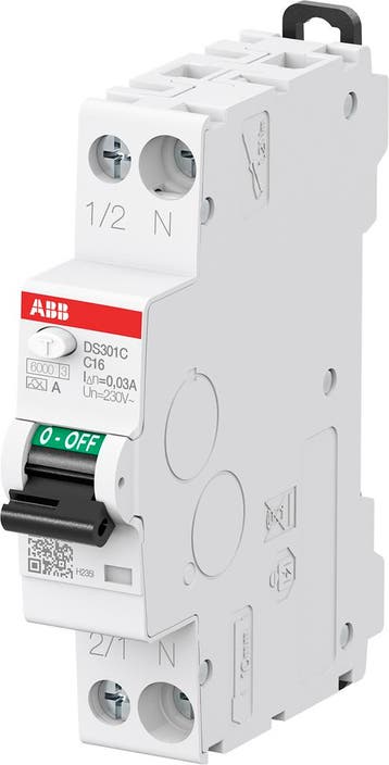 ABB aardlekautomaat | 16A, 30mA, B-kar, 1P+N (18mm) | DS301C, Doe-het-zelf en Verbouw, Elektra en Kabels, Ophalen of Verzenden