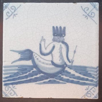 Antiek Tegel - Koning drietand - zeemeerman - Delft,