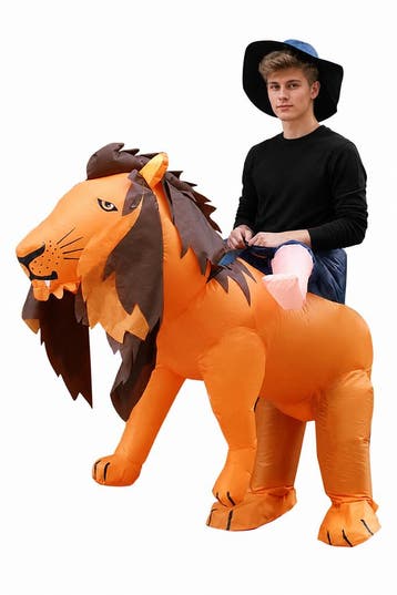 KIMU® Opblaas Kostuum Zittend Op Leeuw Opblaasbaar Pak Leeuw, Carnaval, Nieuw, Overige maten, Ophalen of Verzenden