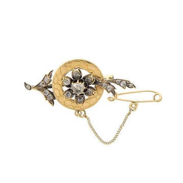 Antiek gouden broche met roos geslepen diamanten; ca. 0,4..., Gebruikt, Ophalen of Verzenden, Met edelsteen, Goud