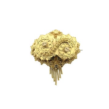 Gouden oud Hollandse broche van een mutsenbel, Ophalen of Verzenden, Gebruikt, Overige kleuren, Goud