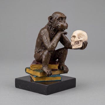 Beeld, “De wijze aap” - 14.5 cm - Brons, Marmer