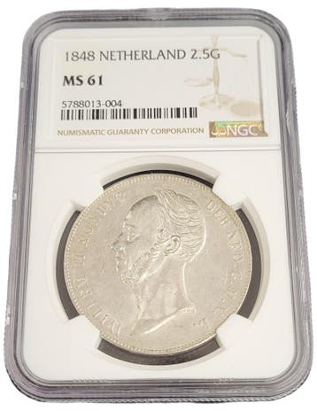 Koning Willem II 2 1/2 gulden 1848 MS61 NGC gecertificeerd, Postzegels en Munten, Munten | Nederland, Verzenden, Koning Willem II