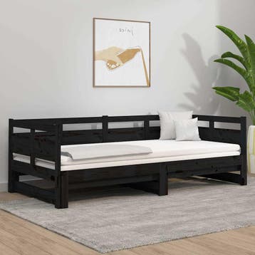 vidaXL Slaapbank uitschuifbaar massief grenenhout zwart, 90 cm, Eenpersoons, Verzenden, Zwart