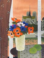 Yves Ganne (1931-2019) - Bouquet de Pensées avec vue sur, Antiek en Kunst