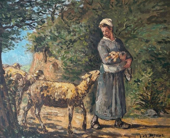 Jean-Charles Millet (XX) - Bergère à lagneau et son, Antiek en Kunst, Kunst | Schilderijen | Klassiek