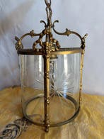 Plafondlamp - Lantaarn, messing - convex glas - Verguld, Antiek en Kunst