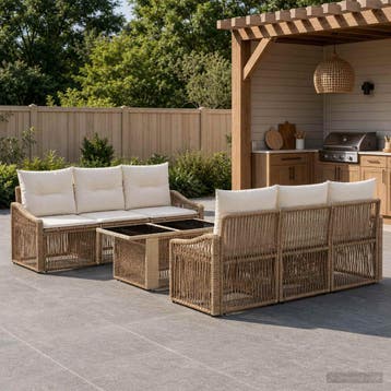 vidaXL Tuinbankenset 7 st Beige en Crème Wit poly rattan, Verzenden, Nieuw