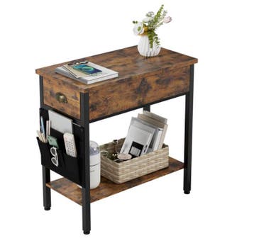 Retro Bijzettafel met Lade en Stoffen Zijvak – Industrieel, Huis en Inrichting, Tafels | Bijzettafels, Verzenden, Nieuw, 55 tot 75 cm