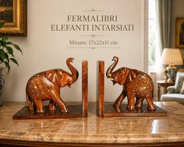 sculptuur, Fermalibri Bifacciali con Elefanti Intarsiati -