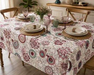 Decoratieve tafellaken met bloemmotieven en veelkleurige