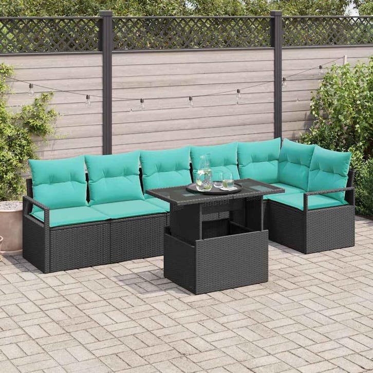 vidaXL Tuin Sofa Set met opslag 7 pcs Zwart en Blauw poly, Tuin en Terras, Tuinsets en Loungesets, Nieuw, Rotan, Verzenden