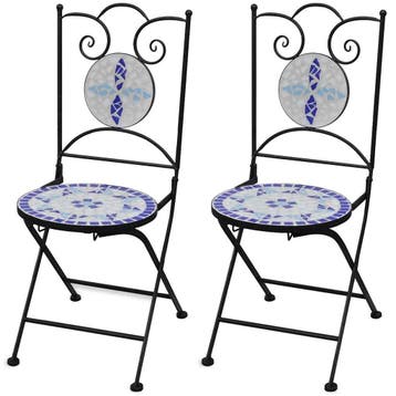 vidaXL Opklapbare stoelen, 2 stuks, keramisch, blauw en wit, Tuin en Terras, Tuinstoelen, Verzenden, Nieuw, Metaal