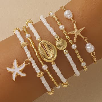 Set van 5 Vintage Kralen Armbanden met Sterren en Schelpen -, Verzenden, Nieuw
