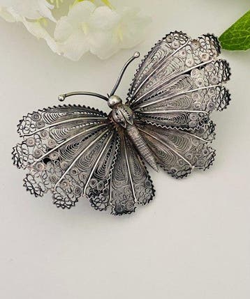 Zilver, Art Deco (1920-1930) - Filigraan vlinder - Broche