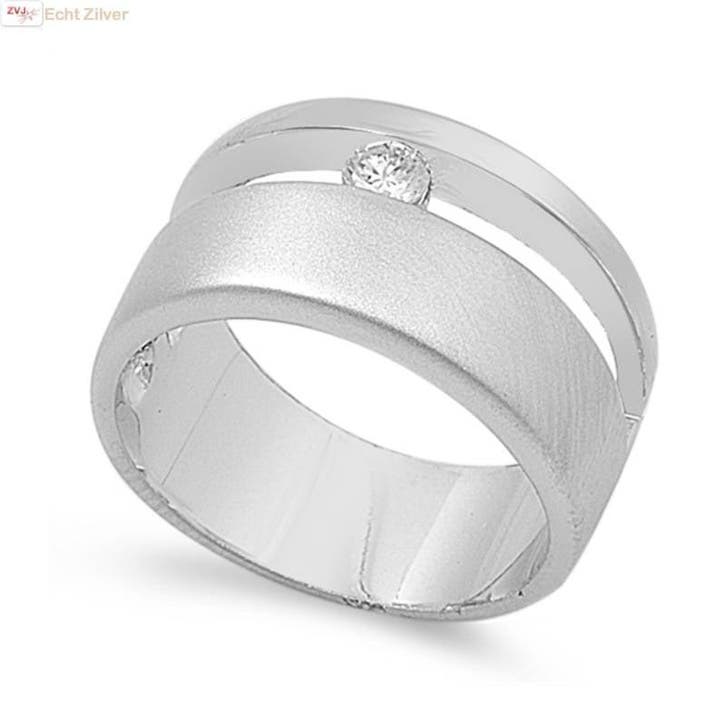 Zilveren brede luxe hoogglans mat ring met witte cz, Sieraden, Tassen en Uiterlijk, Ringen, Nieuw, Verzenden