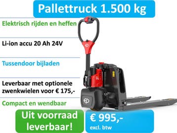 Pompwagen | elektrisch rijden en heffen! | 1500 kg | compact, Verzenden, 1000 tot 2000 kg, EP Equipment, Palletwagen