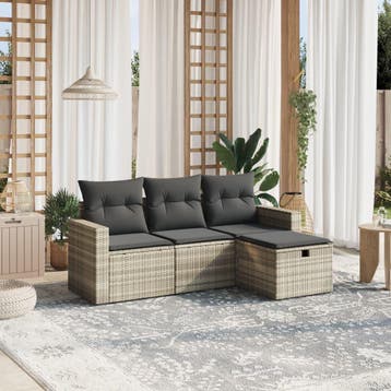vidaXL 4-delige Loungeset met kussens poly rattan lichtgrijs, Verzenden, Nieuw, Loungeset