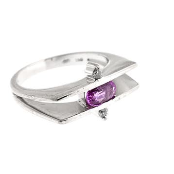 Witgouden ring met roze saffier en diamant; 0,06 ct., Gebruikt, Ophalen of Verzenden, Kleiner dan 17, Roze