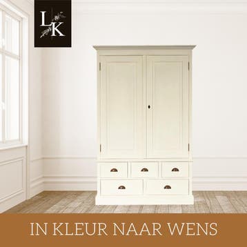 Kledingkast 2-deurs met 5 lades – wit – maatwerk mogelijk, Nieuw, Grenenhout, Landelijk, klassiek, robuust, massief, Scandinavisch