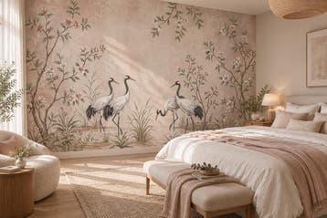 Kraanvogels behang – roze bloemen fotobehang op maat, Verzenden, Fotobehang