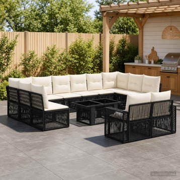 vidaXL Tuinbankenset 13 st Zwart en Cream Wit poly rattan, Verzenden, Nieuw