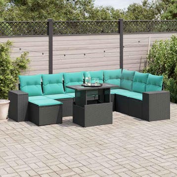 vidaXL 9-delige tuinbankset met kussens van zwart polyrotan, Verzenden, Nieuw