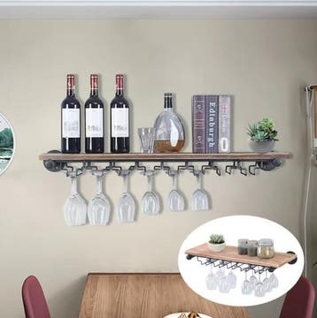 Wand Wijnrek met Glashouder – Zwart IJzer en Hout, Rustiek, Huis en Inrichting, Woonaccessoires | Wijnrekken, Verzenden, Nieuw