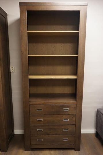 Boekenkast eiken  met 3 schappen en 4 laden, Nieuw, Eikenhout, Met lade(s)